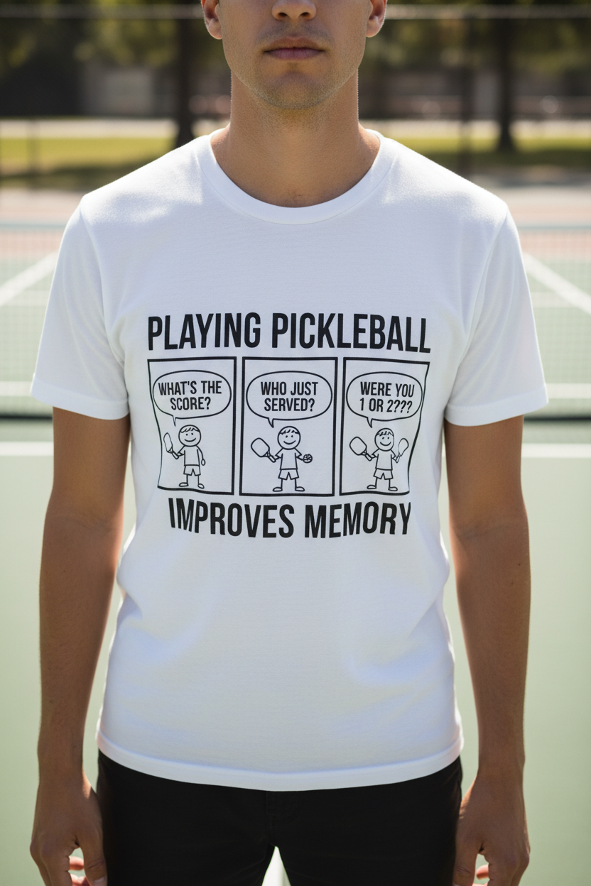 White short-sleeve T-shirt with pickleball memory three-panel serve graphic