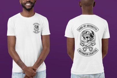 White graphic T-shirt with skull crest logo on front and back, crew neck, short sleeves
