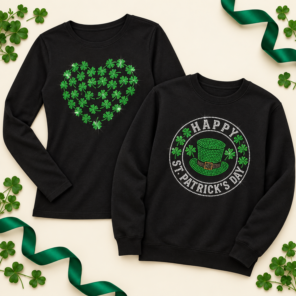 Black tops with shamrock heart and festive hat designs – St. Patrick’s rhinestone apparel by Blingdazzel