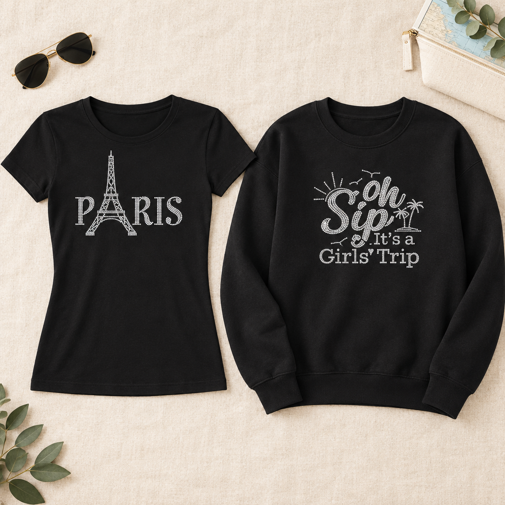 Black Paris tee and Oh Sip Girls Trip sweatshirt – Travel rhinestone apparel by Blingdazzel
