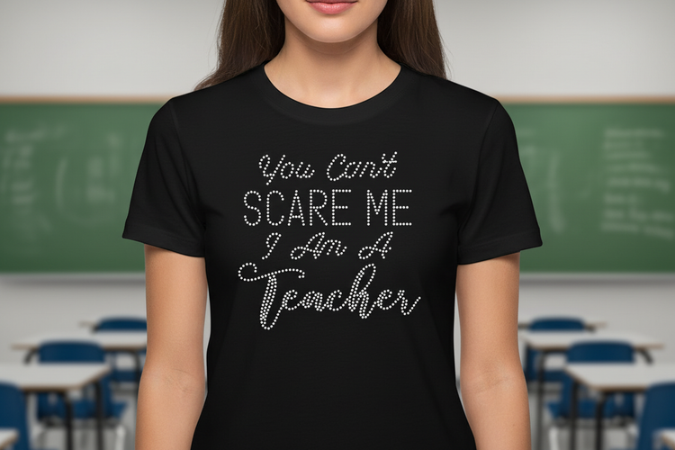 Female teacher model wearing black rhinestone t-shirt with sparkling crystal design – Rhinestone Teacher Apparel Canada by Blingdazzel