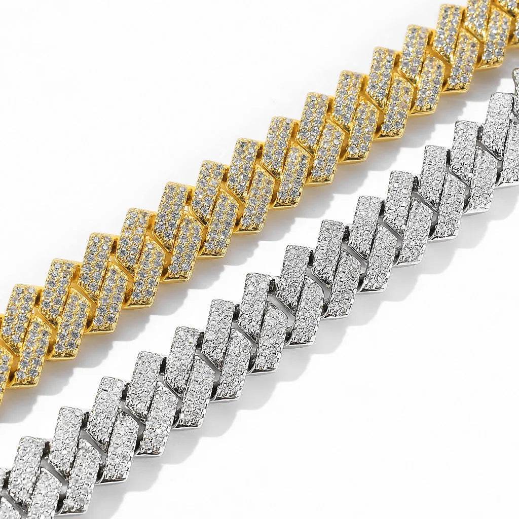 Cuban link chain necklaces pair: gold and silver cubic zircon stone rows