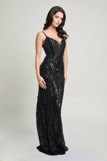 Black sequin maxi dress with spaghetti straps and deep V-neck, floor-length gown