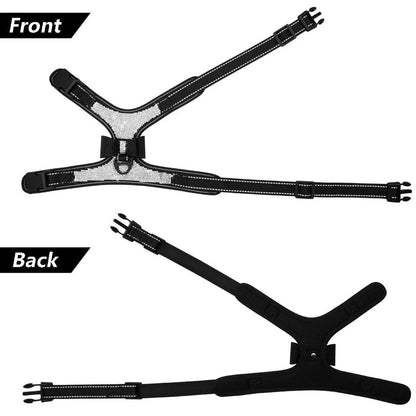 Black rhinestone dog harness layout with adjustable front and back straps