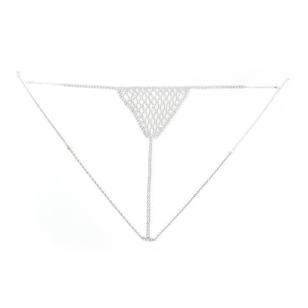 Silver rhinestone triangle bra and thong set with V-front chain and long side straps