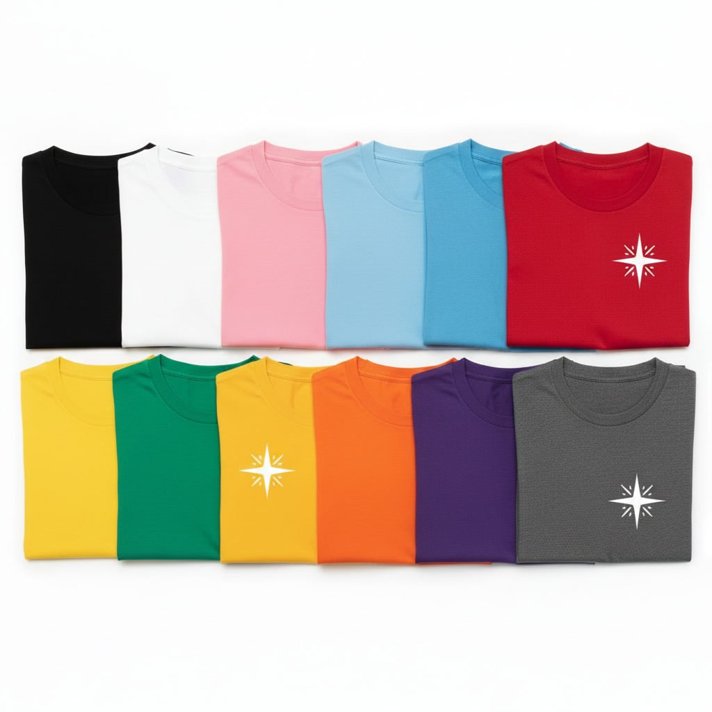 Crewneck T-shirts with white star logo graphic, assorted colors including black and red.