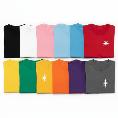 Crewneck T-shirts with white star logo graphic, assorted colors including black and red.