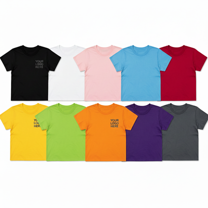 Crewneck T-shirts with 'YOUR LOGO HERE' print, assorted bright and neutral colors.