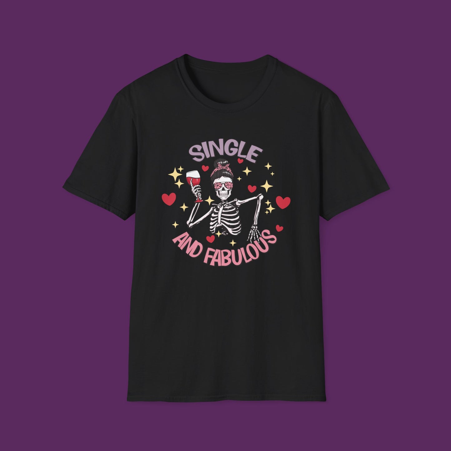 "Single and Fabulous" Skeleton with Wine Glass and Hearts T-Shirt