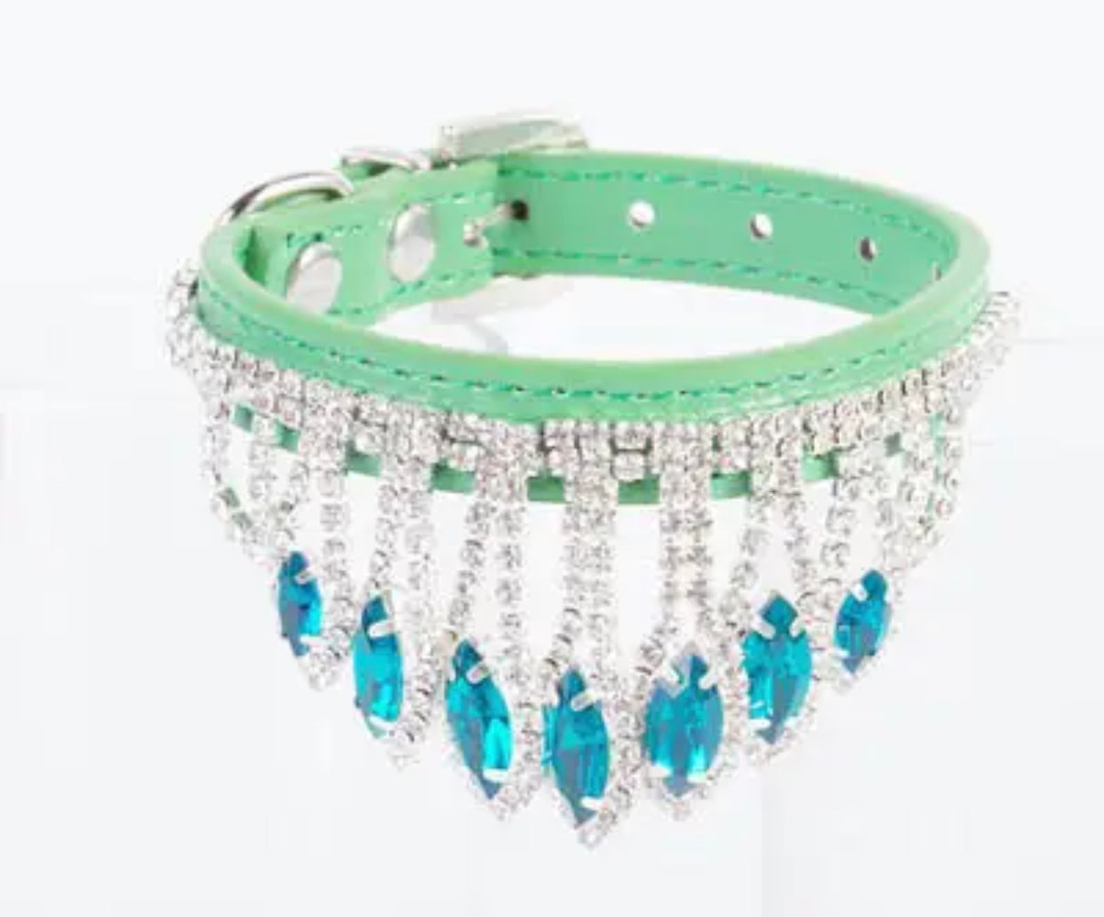 Turquoise rhinestone dog collar with silver sparkle fringe and blue teardrop stones