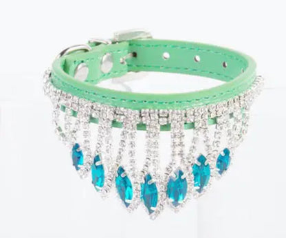 Turquoise rhinestone dog collar with silver sparkle fringe and blue teardrop stones