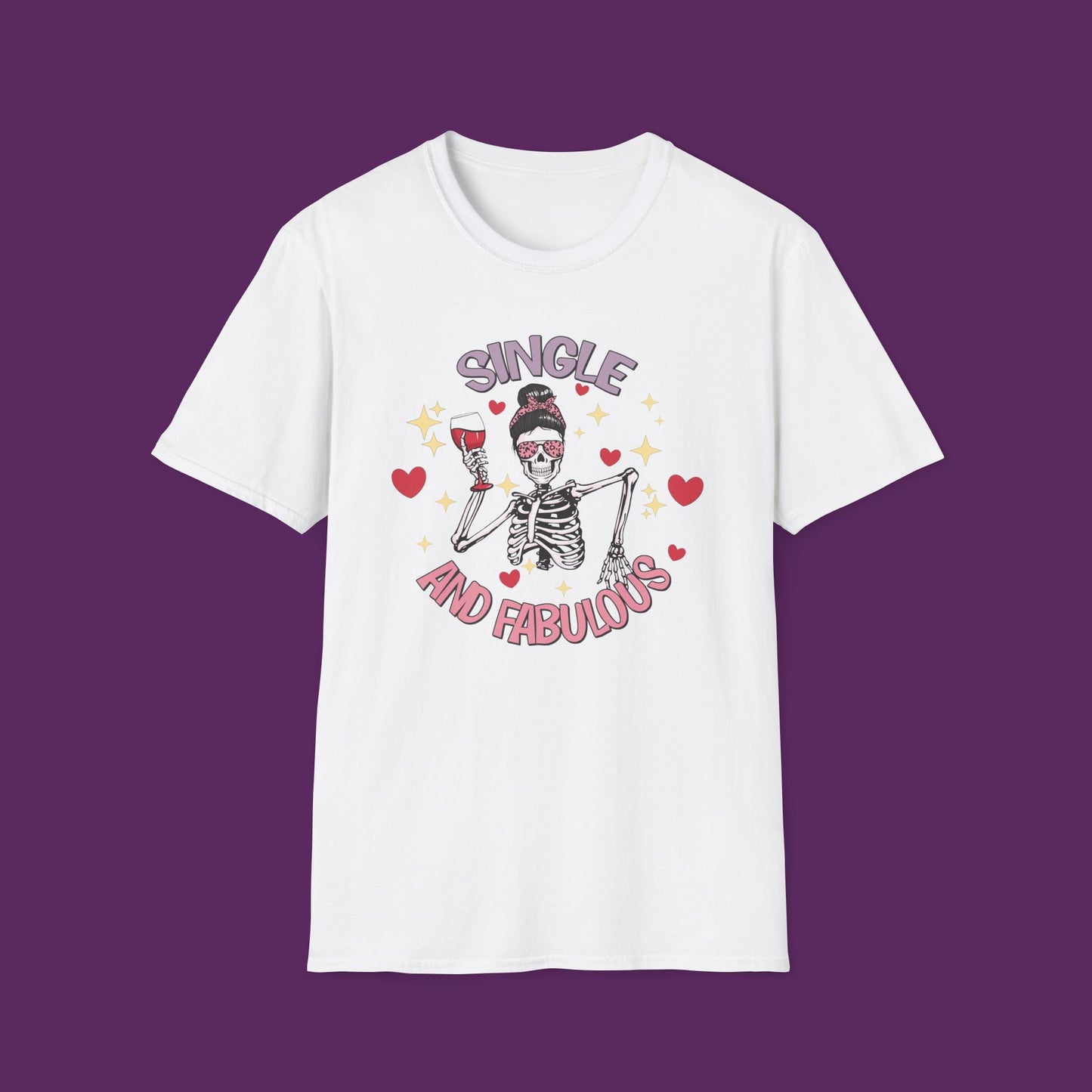 "Single and Fabulous" Skeleton with Wine Glass and Hearts T-Shirt