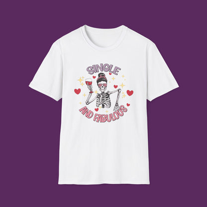 "Single and Fabulous" Skeleton with Wine Glass and Hearts T-Shirt