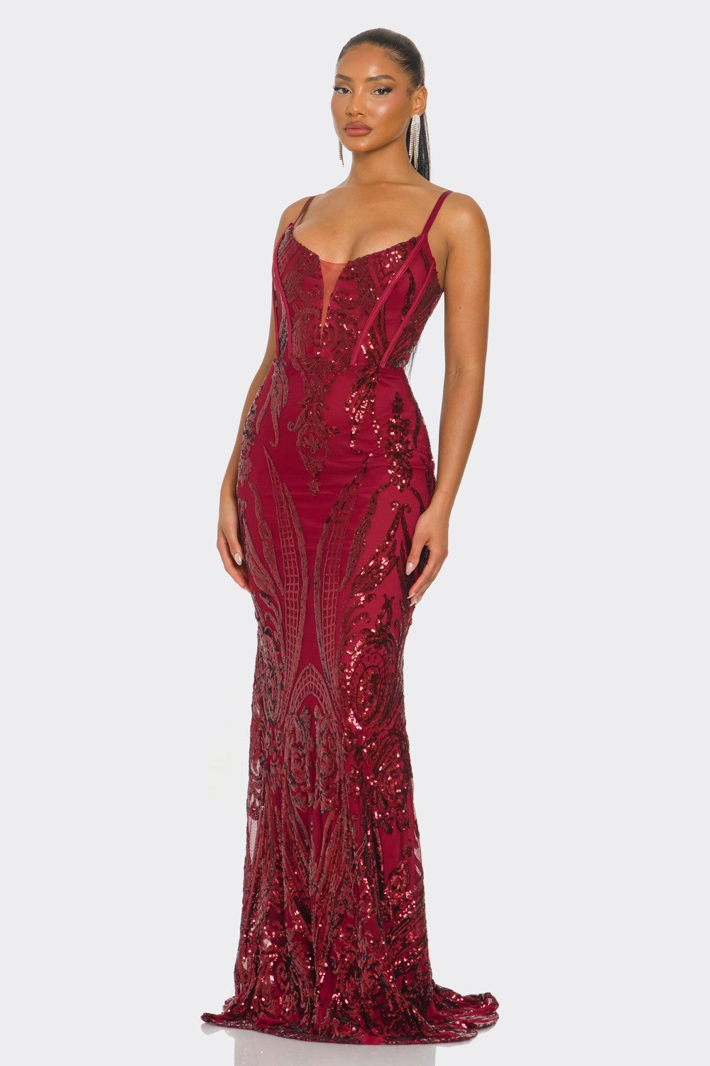 Red sequin maxi dress with spaghetti straps and V-neck, mermaid-style skirt