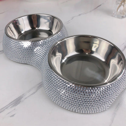Silver rhinestone double dog bowl with two stainless steel dishes