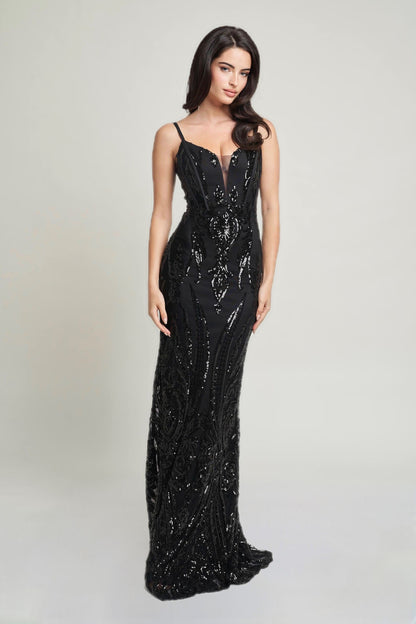 Black sequin maxi dress with spaghetti straps and deep V-neck, fitted silhouette