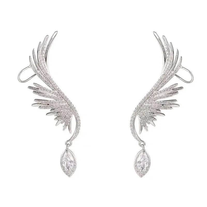 Silver angel wing ear bone clip earrings with dangling teardrop stones