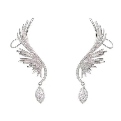 Silver angel wing ear bone clip earrings with dangling teardrop stones