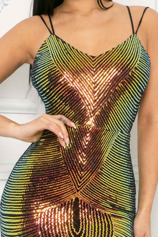Multicolor sequin maxi dress close-up with zigzag sequin pattern