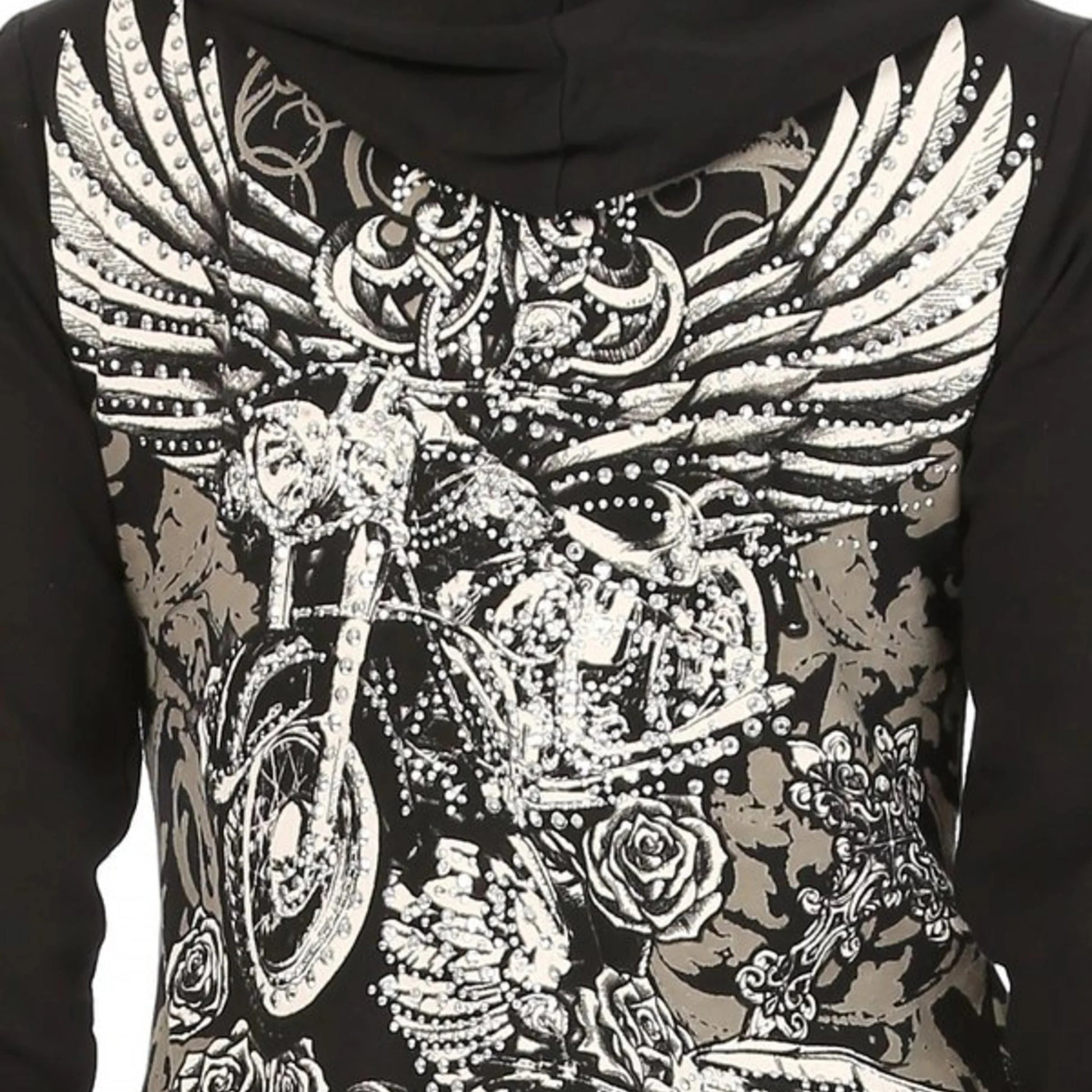 Black hoodie with white motorcycle and wings design