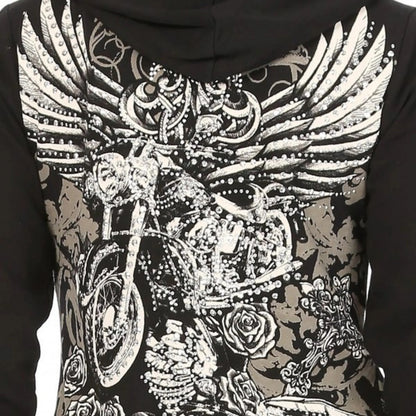 Black hoodie with white motorcycle and wings design