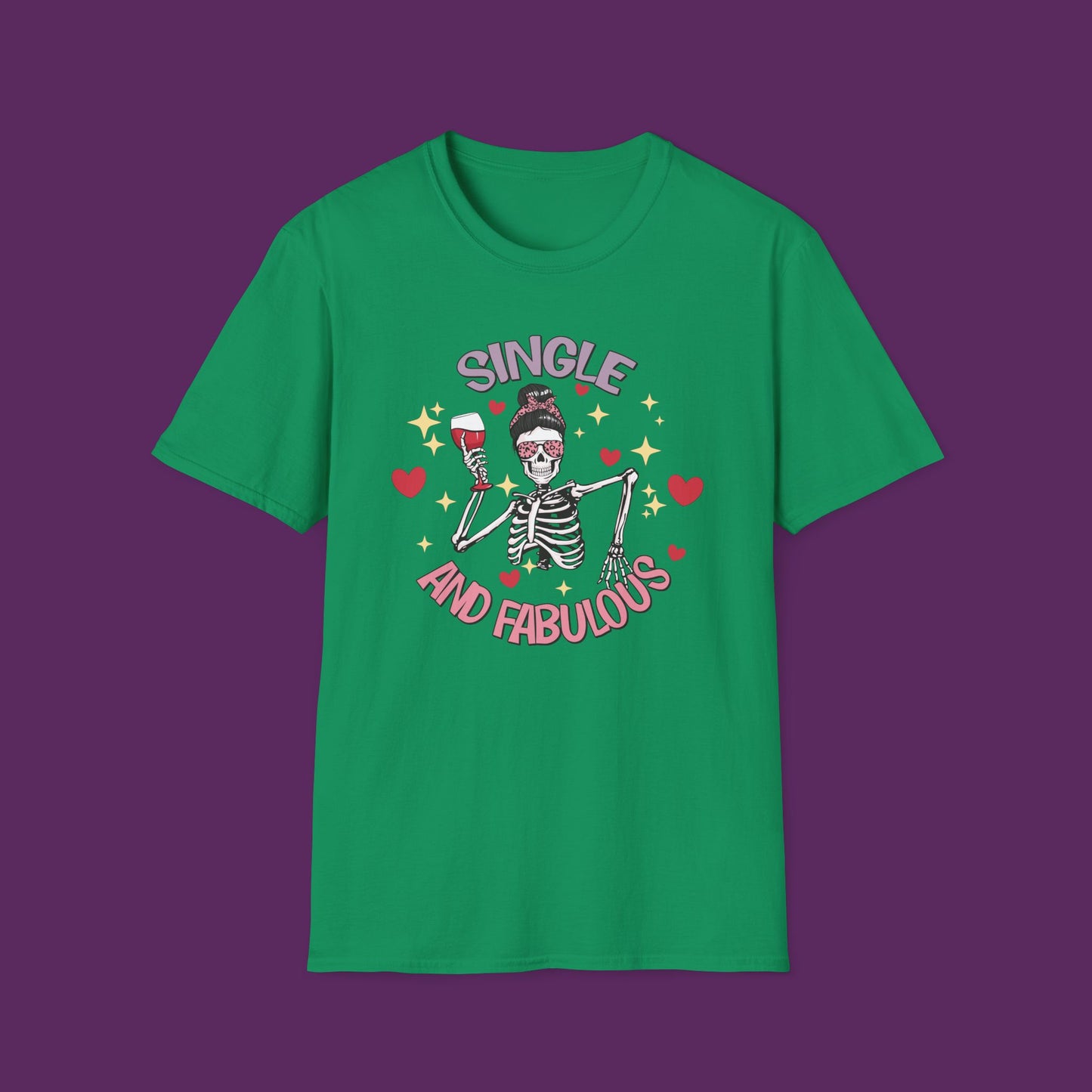 "Single and Fabulous" Skeleton with Wine Glass and Hearts T-Shirt