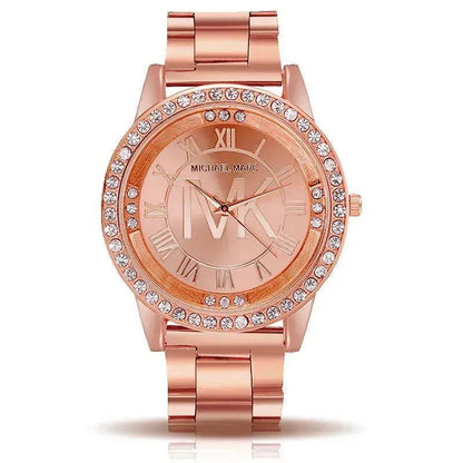 Rose gold metal band watch with rhinestone bezel and Roman numeral dial