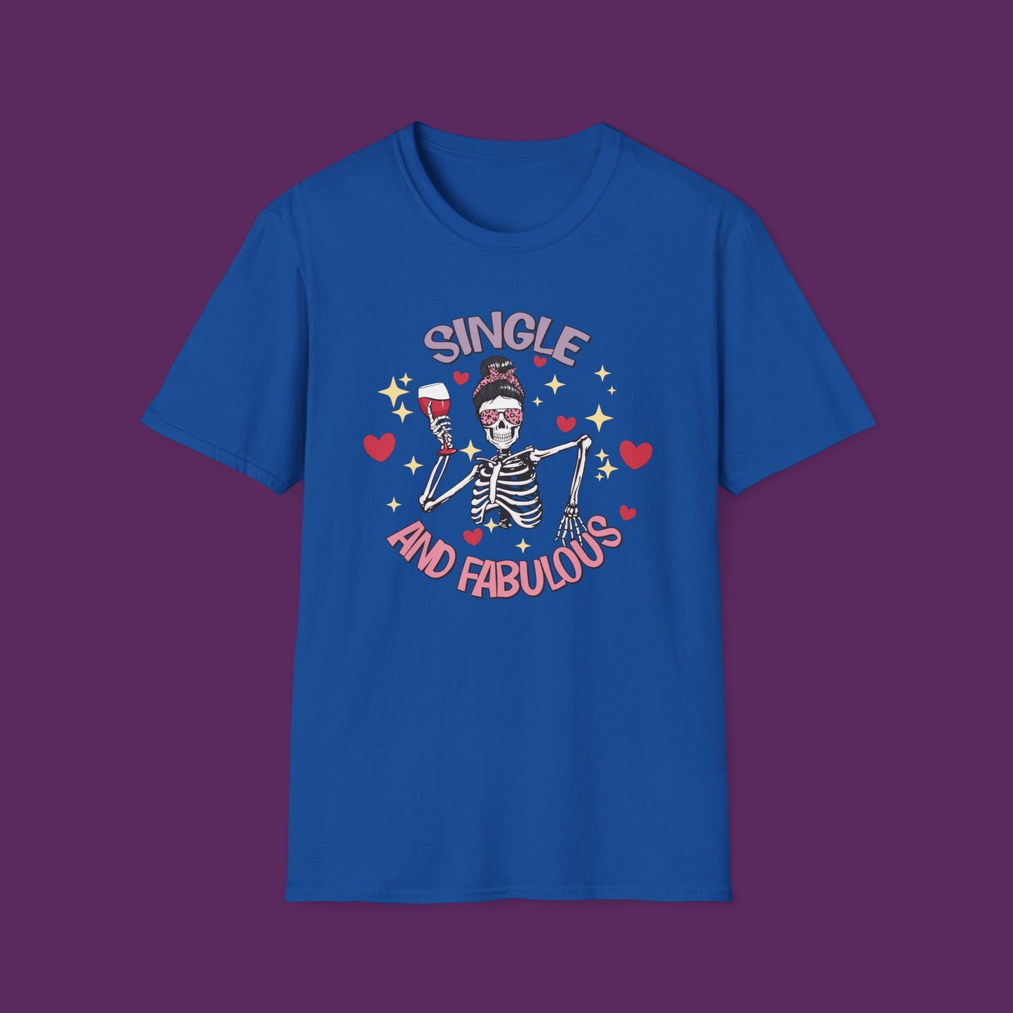 "Single and Fabulous" Skeleton with Wine Glass and Hearts T-Shirt