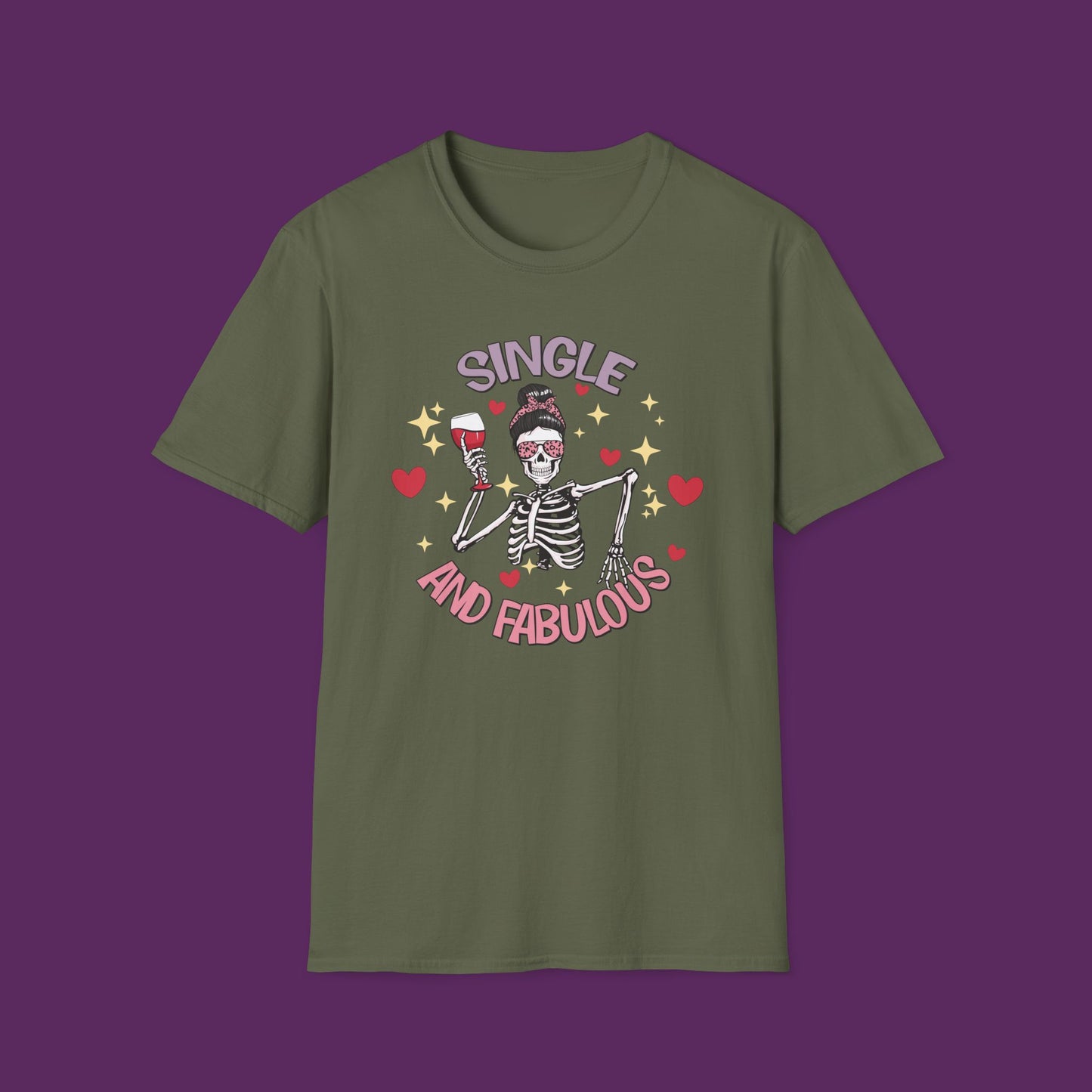 "Single and Fabulous" Skeleton with Wine Glass and Hearts T-Shirt