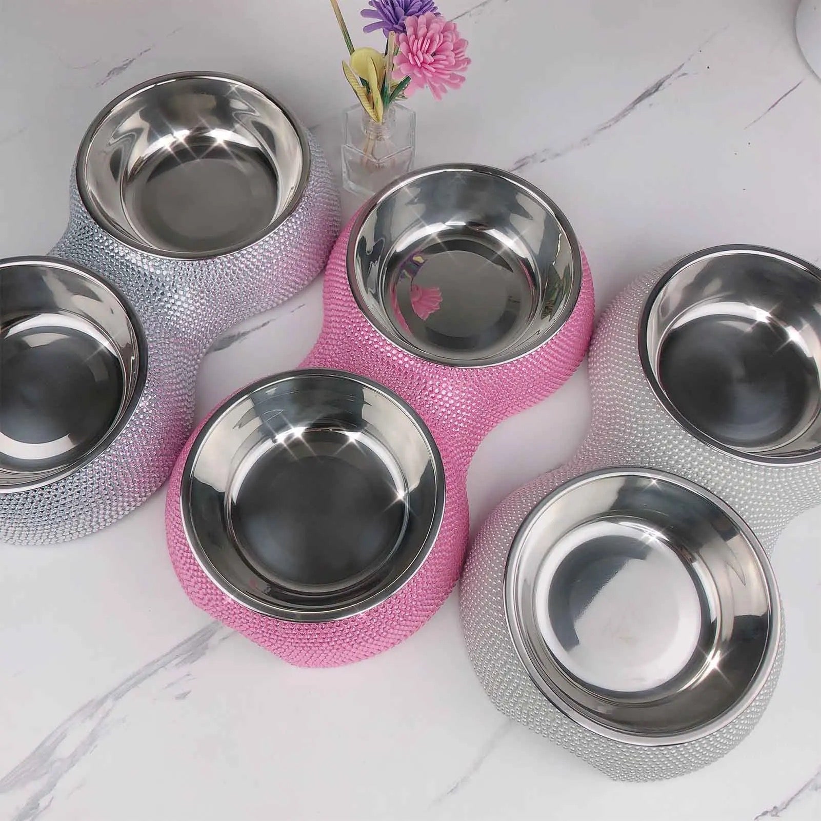 Pink rhinestone dog bowl set with four stainless steel circular bowls