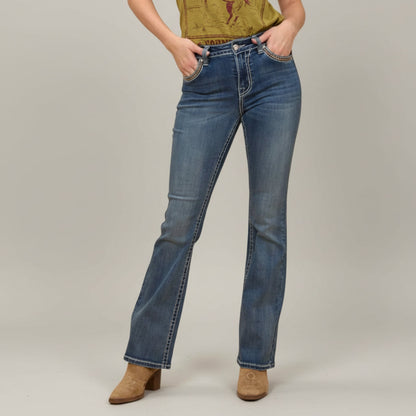 Blue bootcut jeans with mid-rise fit, stitched seams, and five-pocket styling.