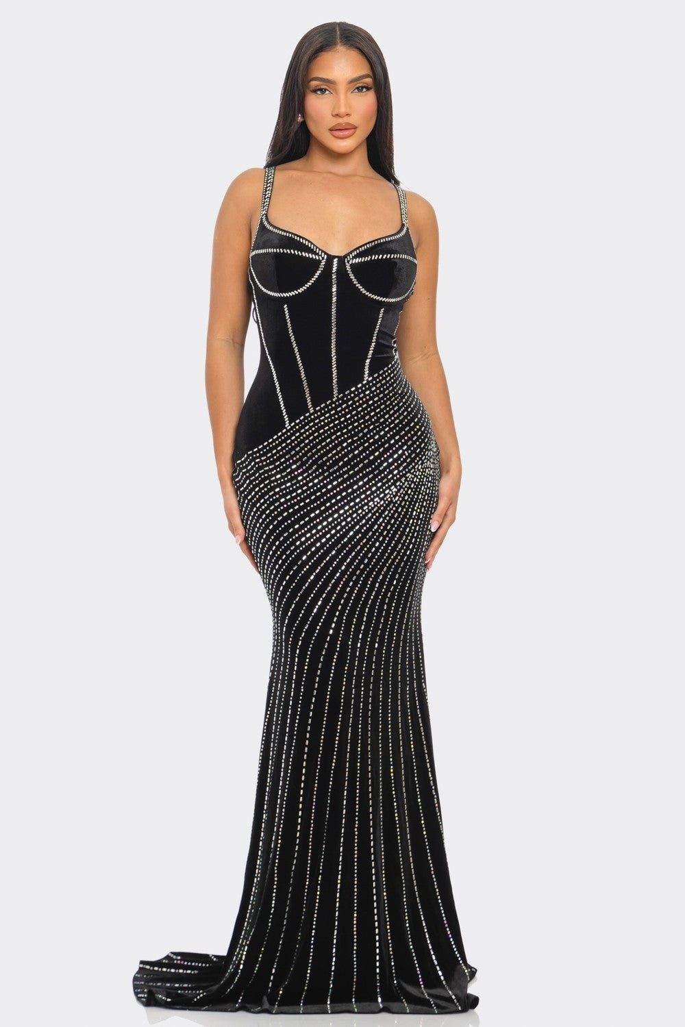 Black rhinestone velvet maxi dress with bustier bodice and spaghetti straps