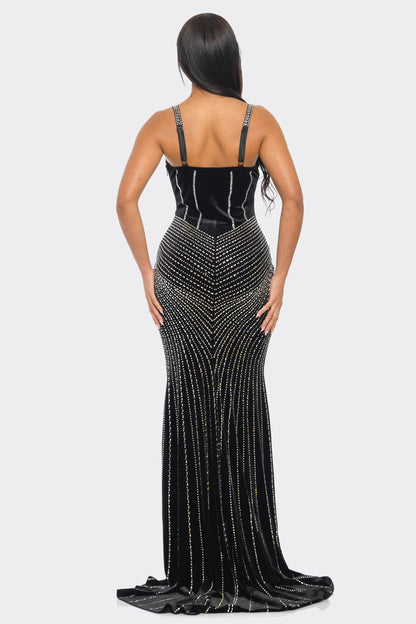 Black rhinestone velvet maxi dress, back view with spaghetti straps