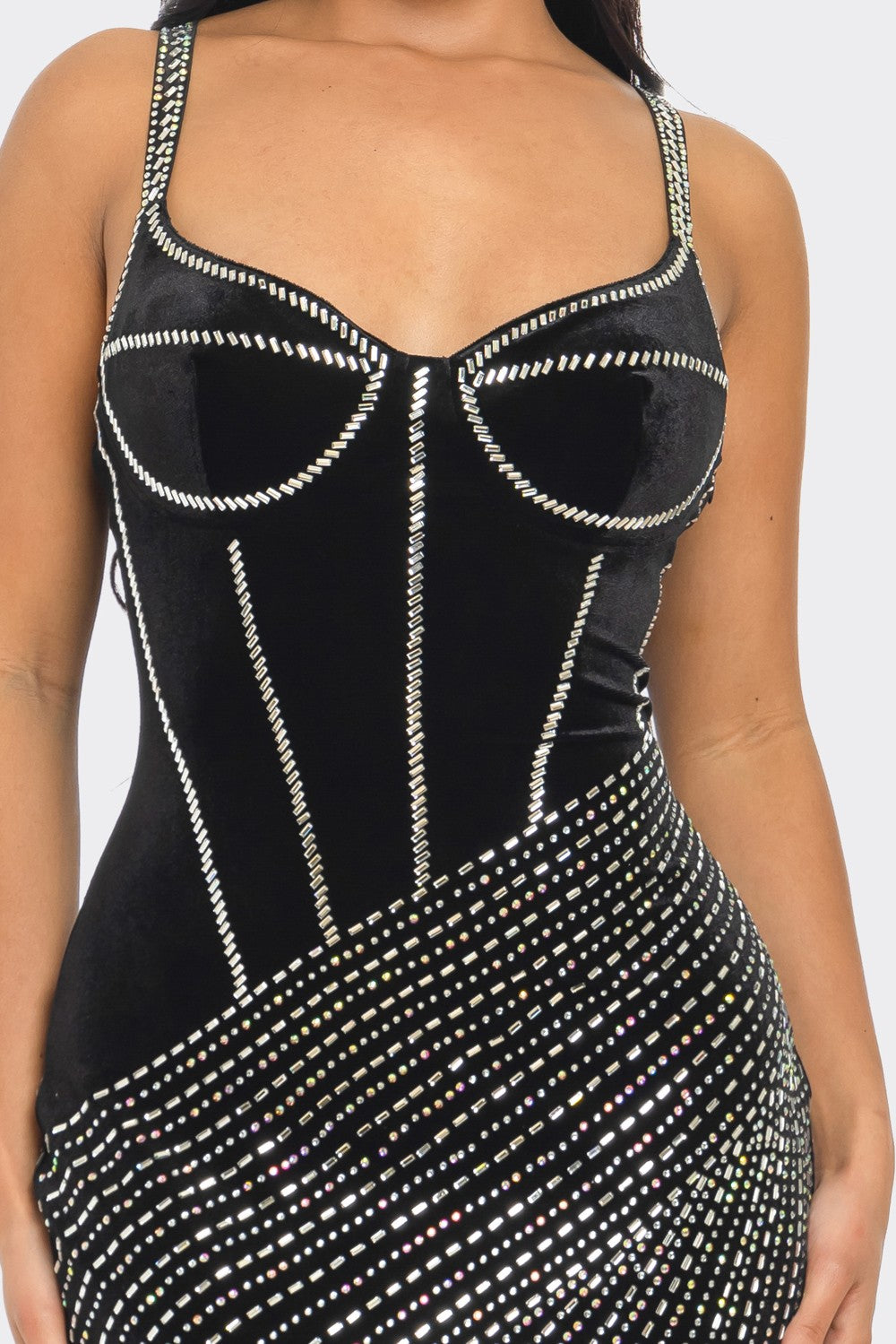 Black velvet bustier bodice with rhinestone trim and heart-shaped cups