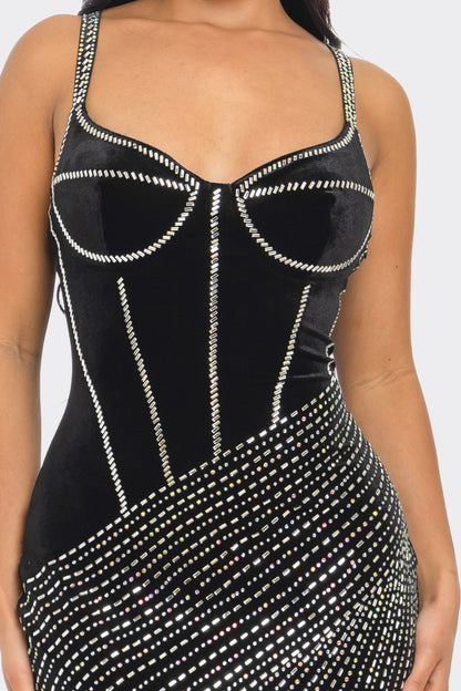 Black velvet bustier bodice with rhinestone trim and heart-shaped cups