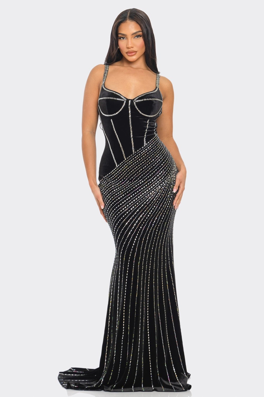 Black corset-style velvet maxi dress with rhinestone print and spaghetti straps