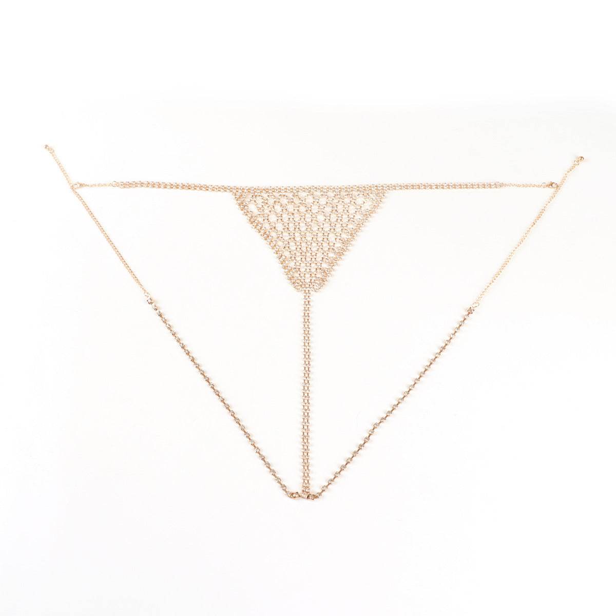 Gold rhinestone triangle thong with V-front chain and matching bra straps