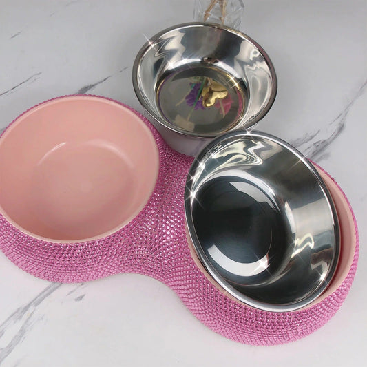 Bedazzle Me Rhinestone Dog Bowl | Decorative Sparkle Pet Bowl Pink