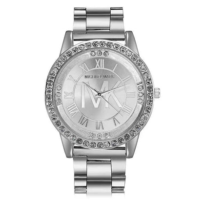 Silver metal band watch with rhinestone bezel and Roman numeral dial