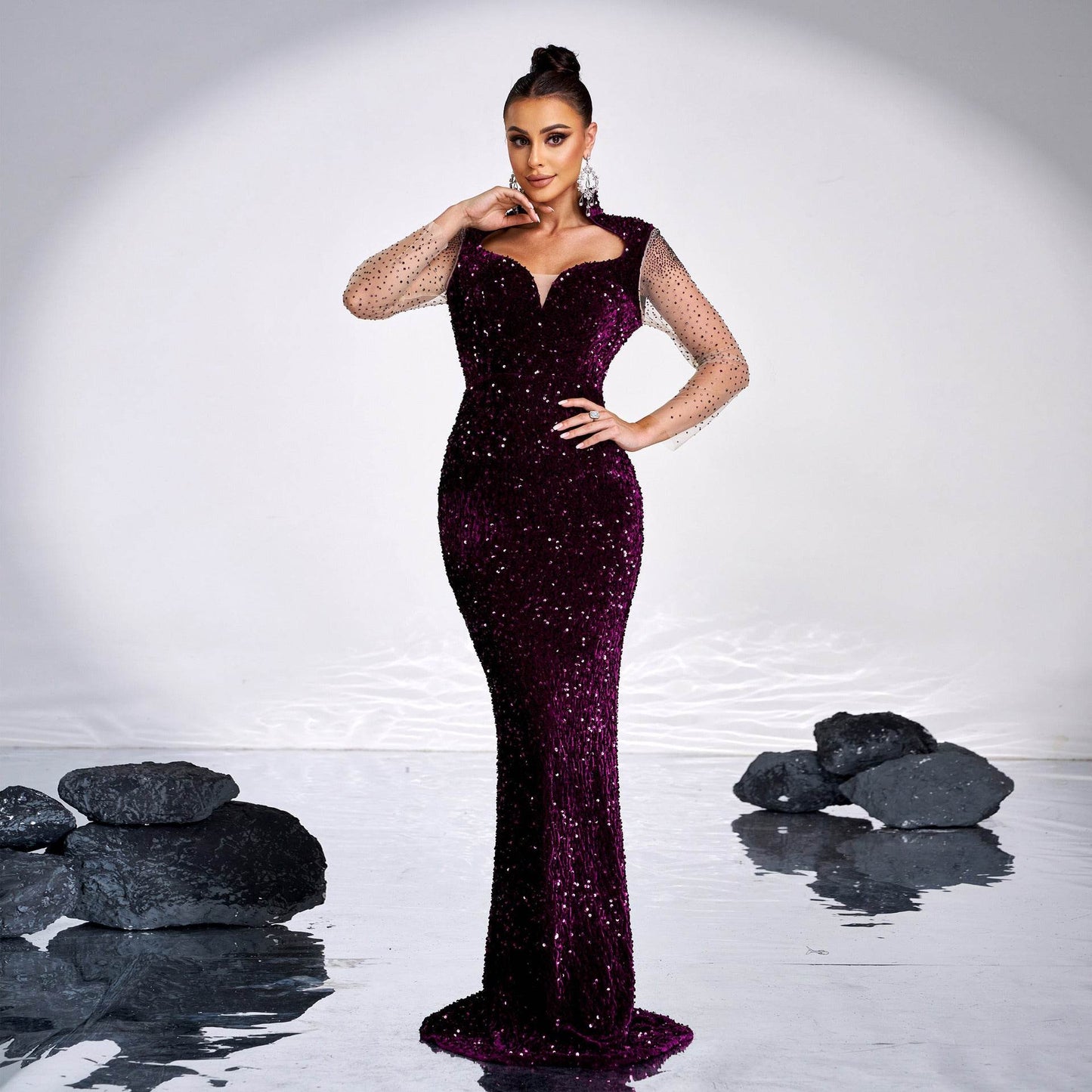 Long Sleeve Banquet Sequined Rhinestone Mermaid Party Dress