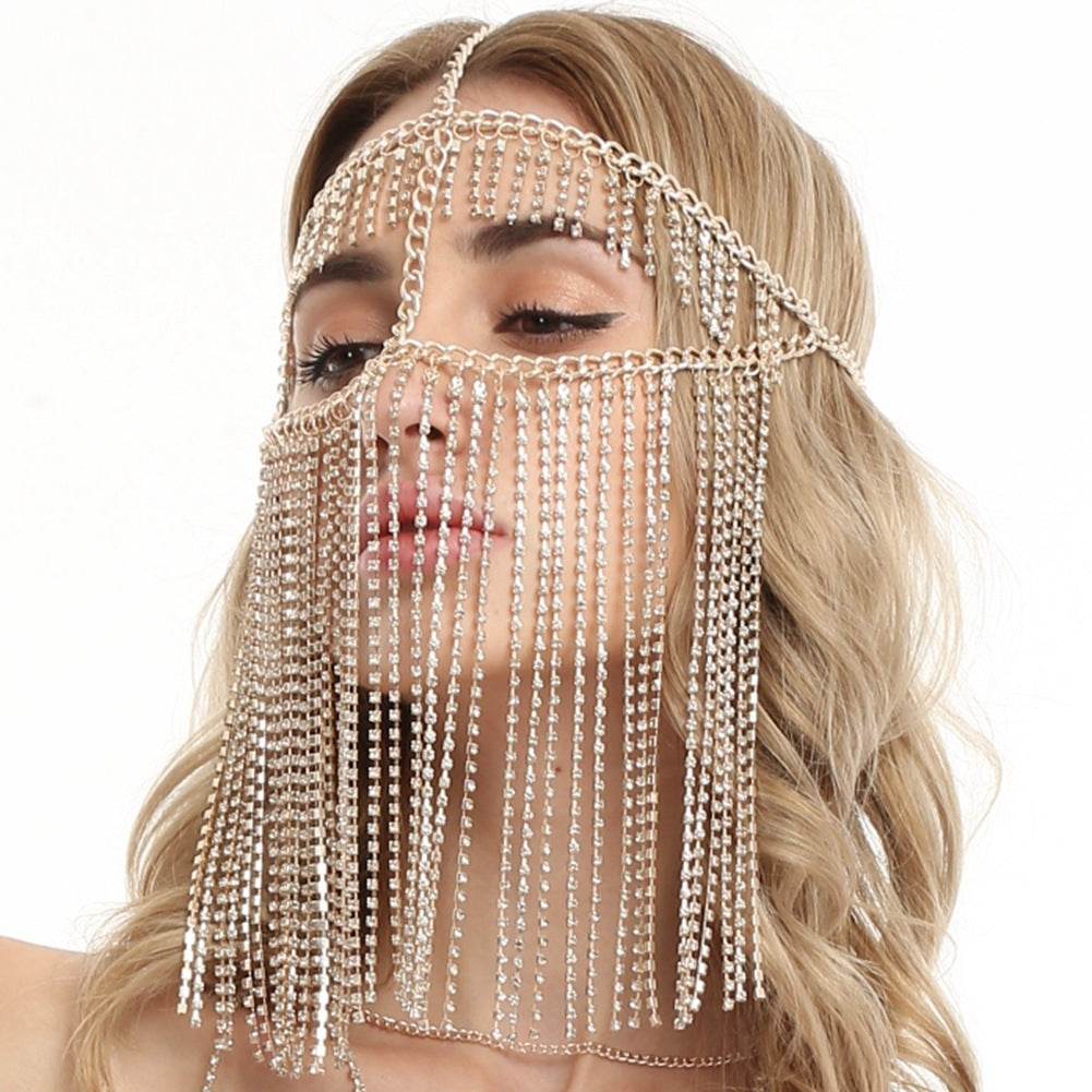 Punk Rhinestone Tassel Fringed Face Mask Head Chains