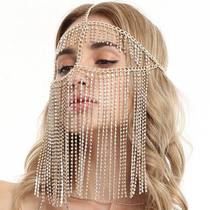 Punk Rhinestone Tassel Fringed Face Mask Head Chains