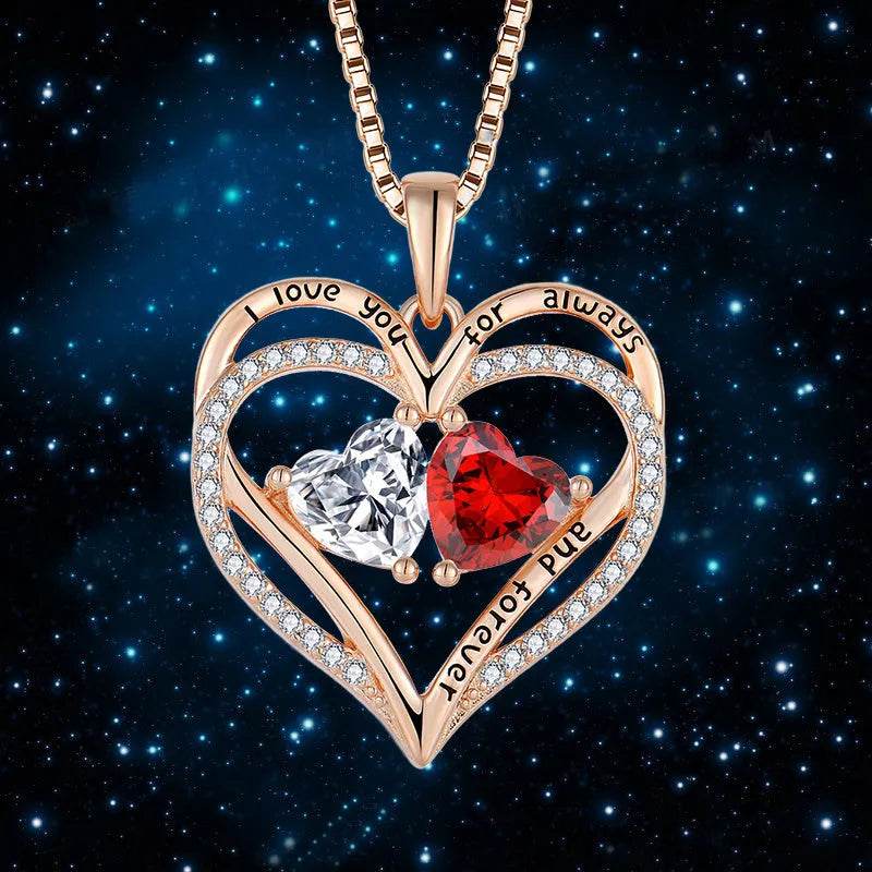 Double heart rhinestone necklace with red center stone and clear accent stones