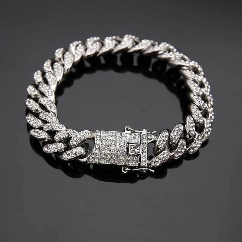 Silver diamond Cuban link chain bracelet with square clasp and oval links