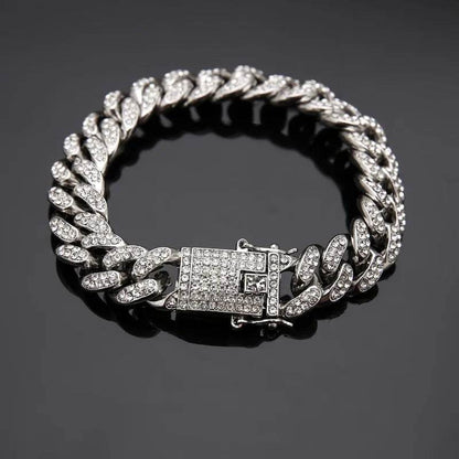 Silver diamond Cuban link chain bracelet with square clasp and oval links