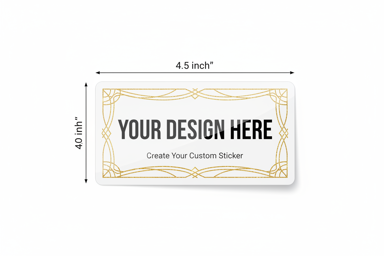 4.5-inch custom sticker mockup with gold frame and placeholder text