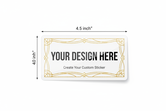 4.5-inch custom sticker mockup with gold frame and placeholder text