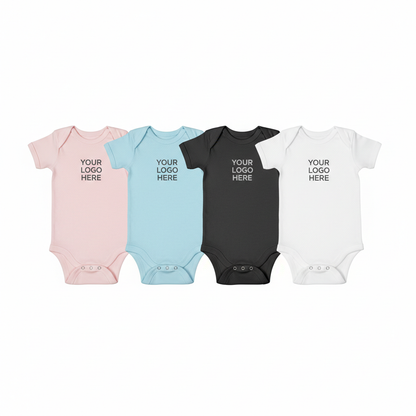 Short-sleeve baby bodysuits with 'YOUR LOGO HERE' print, pastel pink, light blue, black, white.