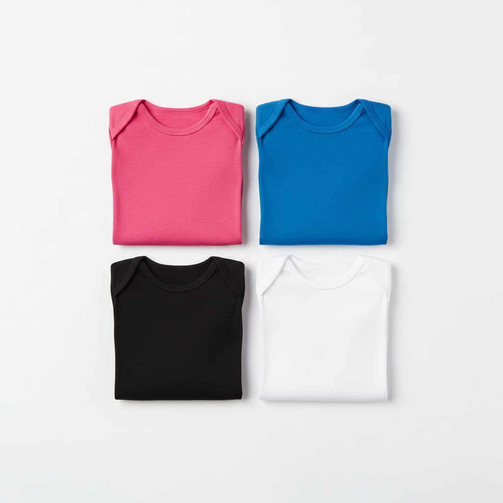 Crewneck T-shirts in pink, blue, black, and white, each with logo print on front.