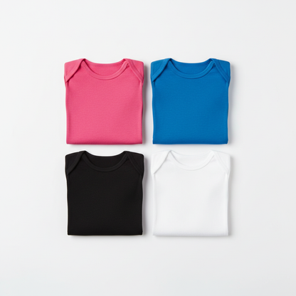 Crewneck T-shirts in pink, blue, black, and white, each with logo print on front.
